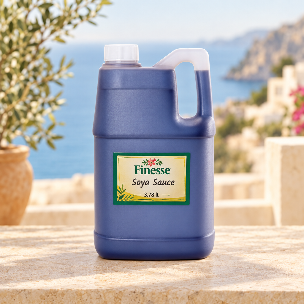 Finesse Soya Sauce 3.78 lt jug on a Mediterranean background