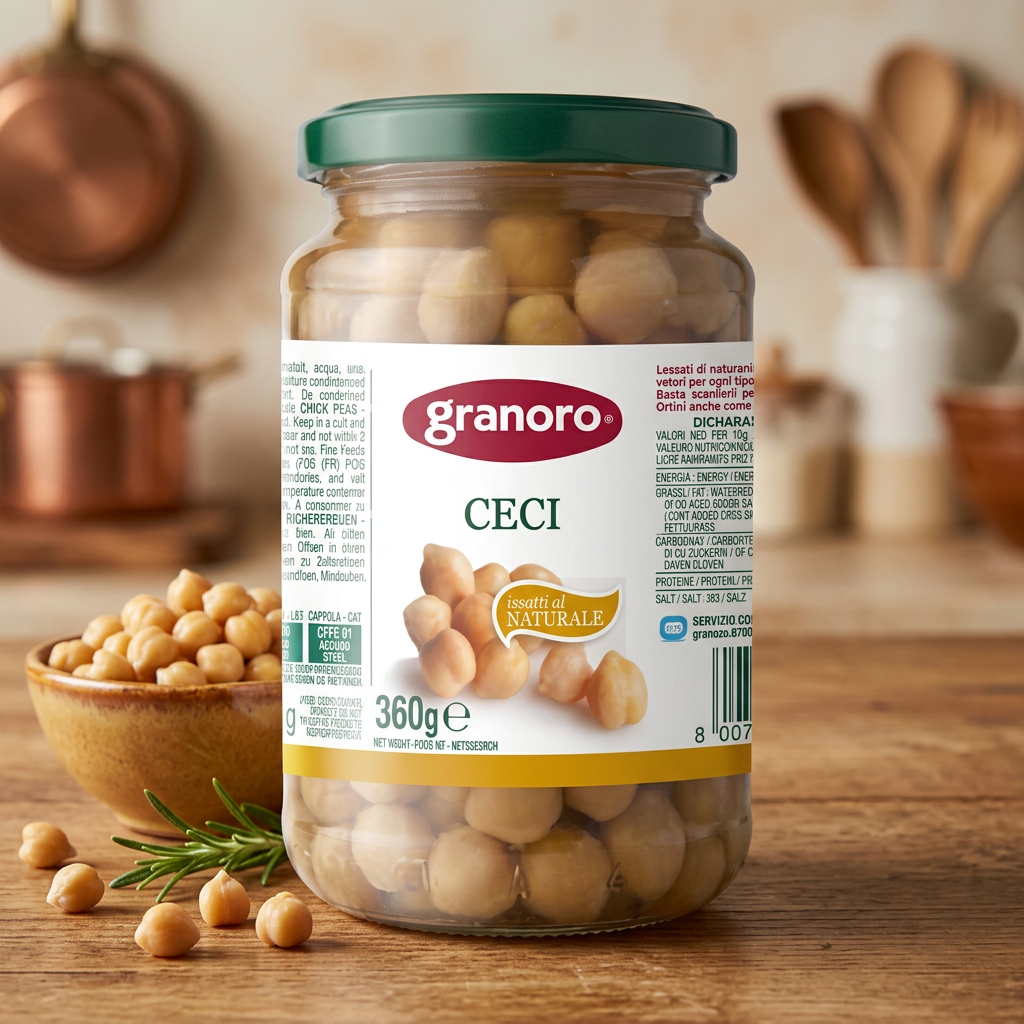 Granoro Ceci 360g chickpeas in a rustic kitchen setting