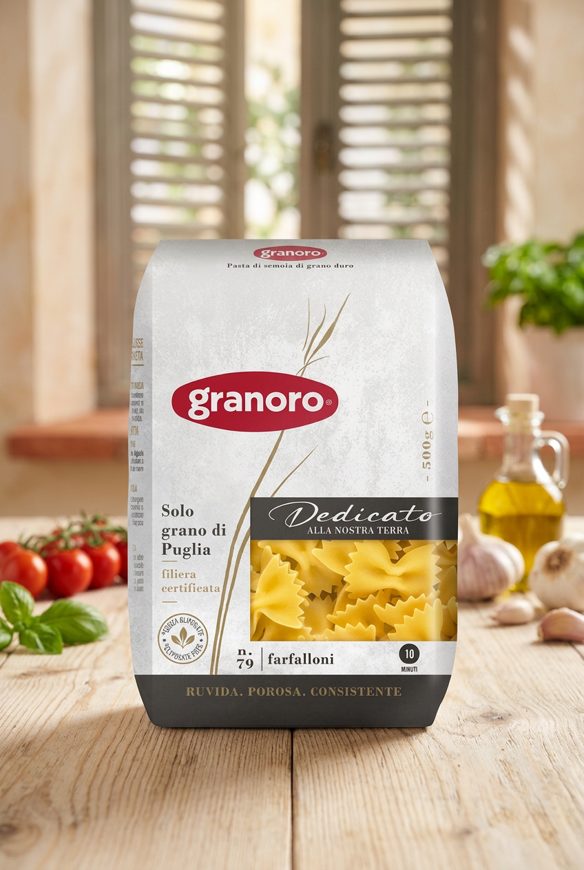 Granoro Dedicato Farfalloni on an Italian kitchen background