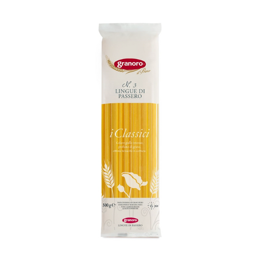 Granoro pasta package with yellow and white design on a white background
