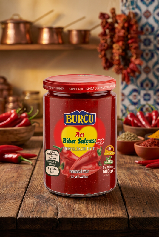BURCU Hot Pepper Paste 600g jar on a Turkish kitchen background
