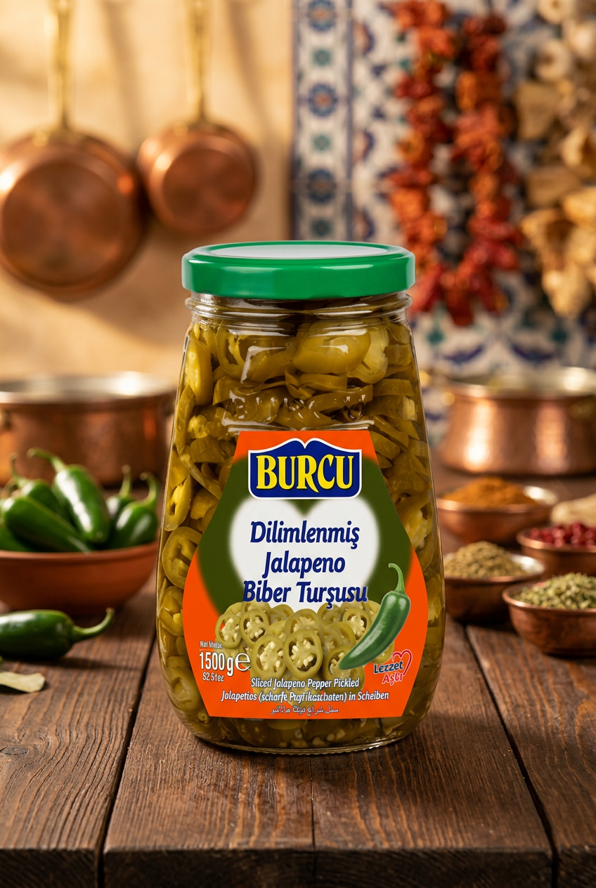 BURCU Pickled Jalapeno 1500g on a Turkish kitchen background
