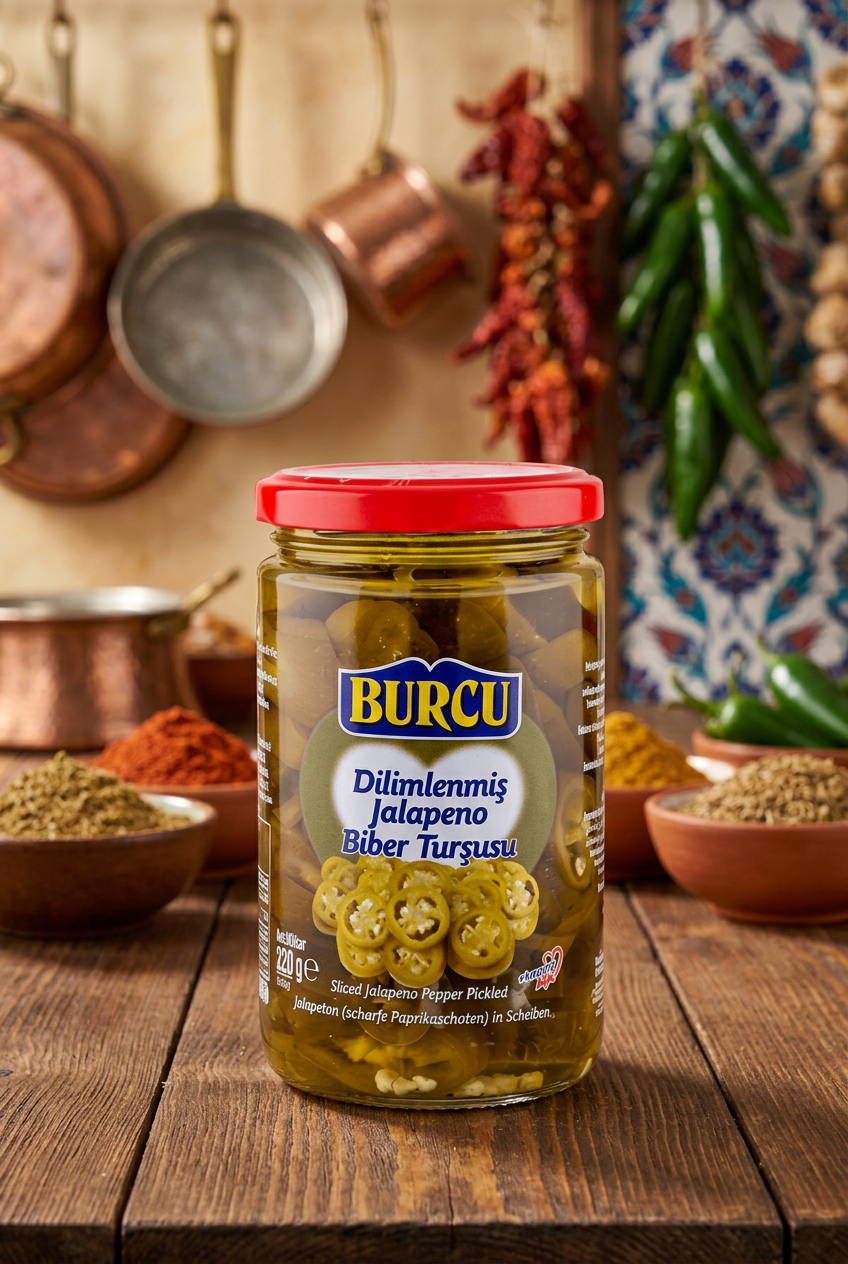BURCU Pickled Jalapeno 320g on a Turkish kitchen background