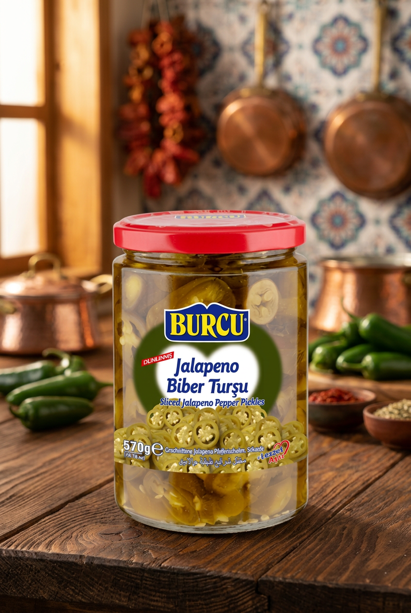 BURCU Pickled Jalapeno 570g on a Turkish kitchen background