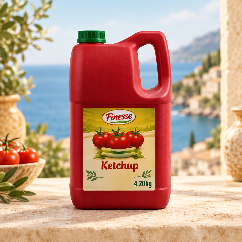 Finesse Ketchup 4.20kg jug on a Mediterranean background