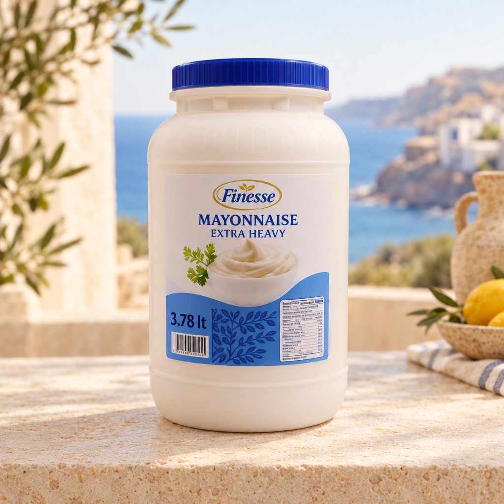 Finesse Mayonnaise Extra Heavy 3.78 lt jar on a Mediterranean background