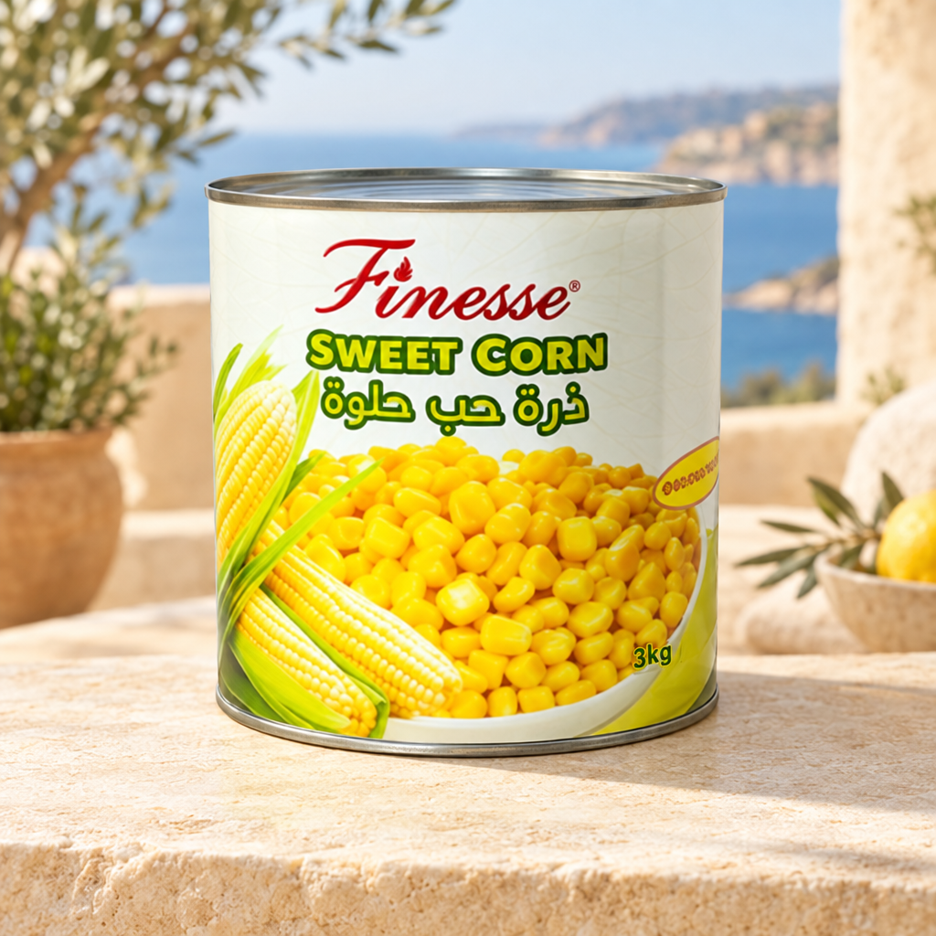 Finesse Sweet Corn 3kg can on a Mediterranean background