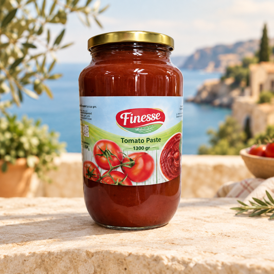Finesse Tomato Paste 1300 gr jar on a Mediterranean background