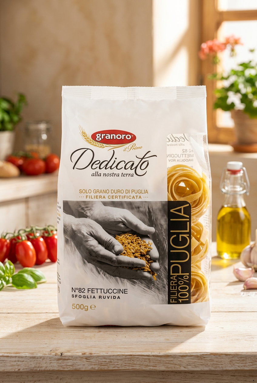 Granoro Dedicato Fettuccine on an Italian kitchen background