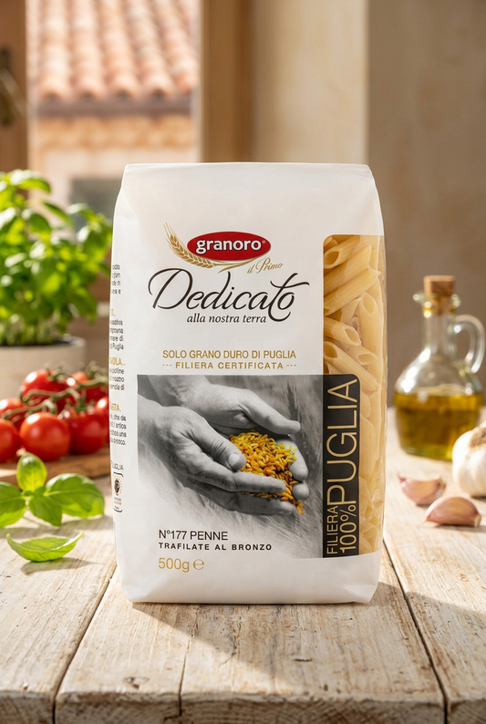 Granoro Dedicato Penne on an Italian kitchen background
