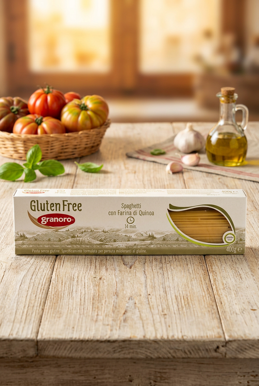 Granoro Gluten Free spaghetti on an Italian kitchen background