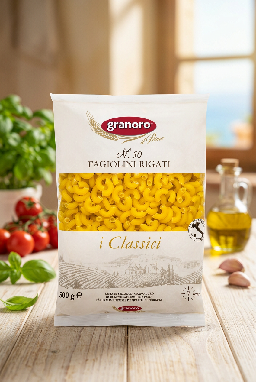 Granoro i Classici Fagiolini Rigati on an Italian kitchen background