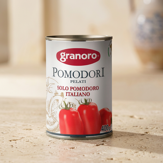 Granoro peeled tomatoes 400g with Mediterranean background