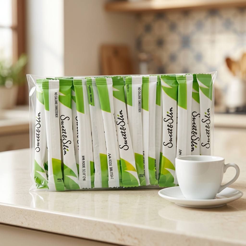 Sweet & Slim stevia sweetener sachet pack in a kitchen setting