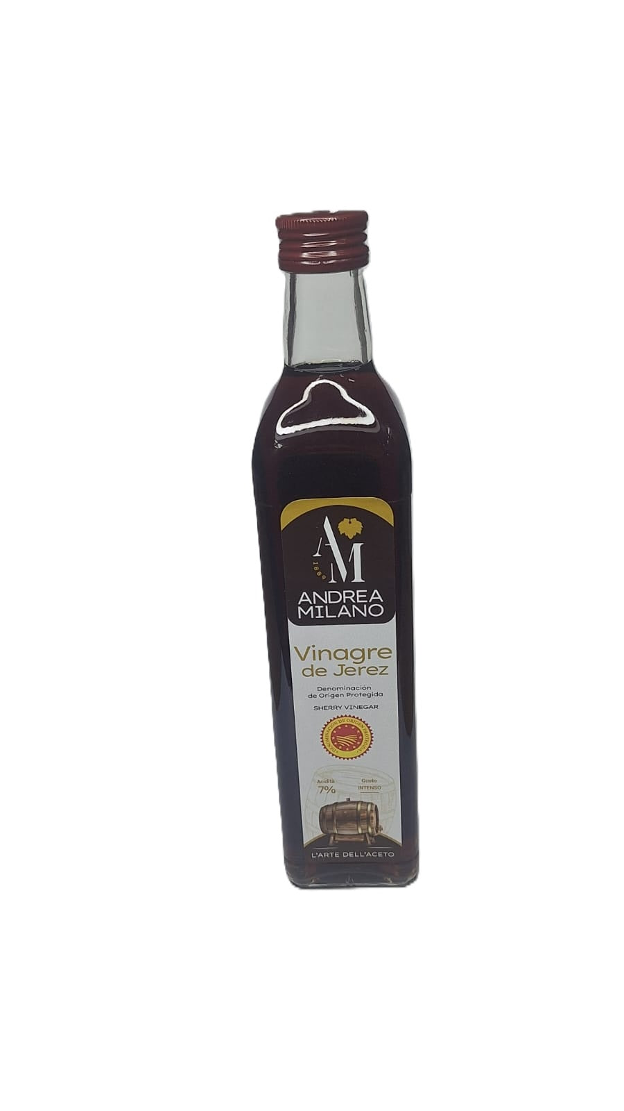 Bottle of Andrea Milano vinegar on a white background