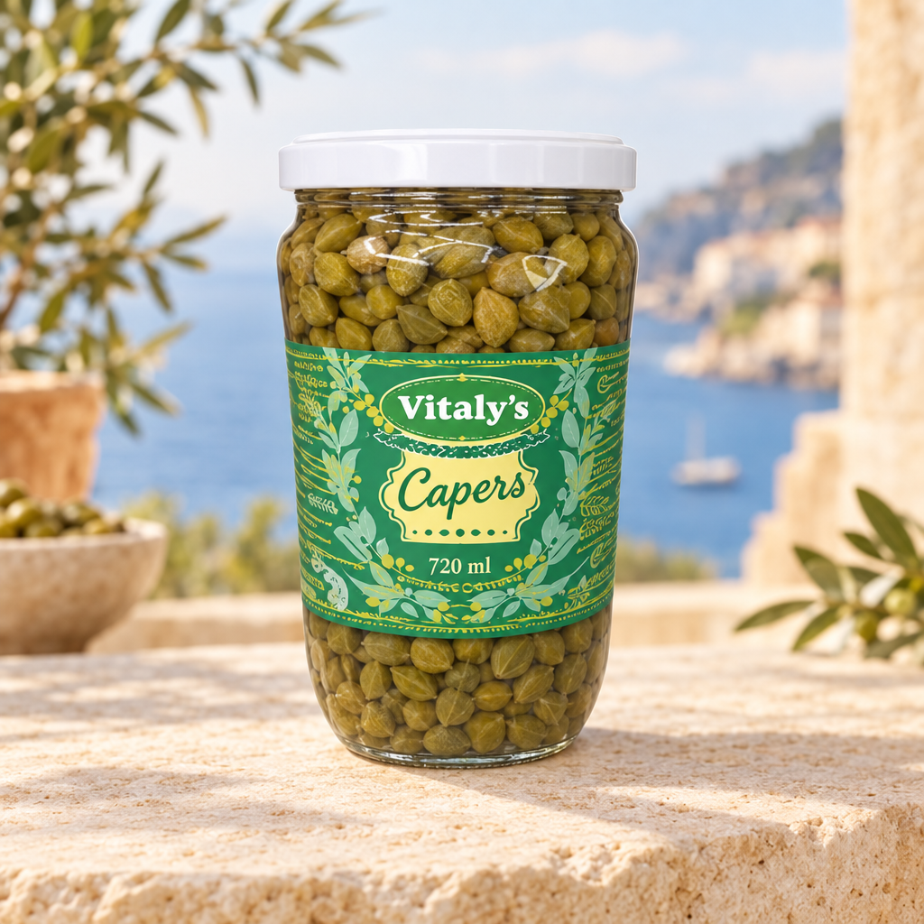 Vitaly's Capers 720 ml jar on a Mediterranean background